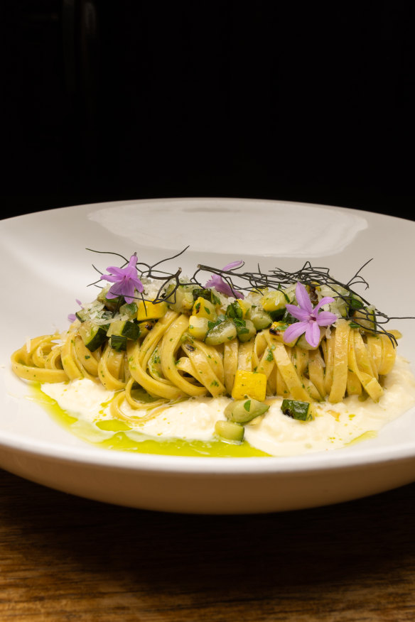 Saffron tagliatelle with stracciatella.