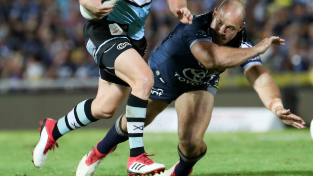 Low blow: Matt Scott was playing his first NRL game after a knee reconstruction.