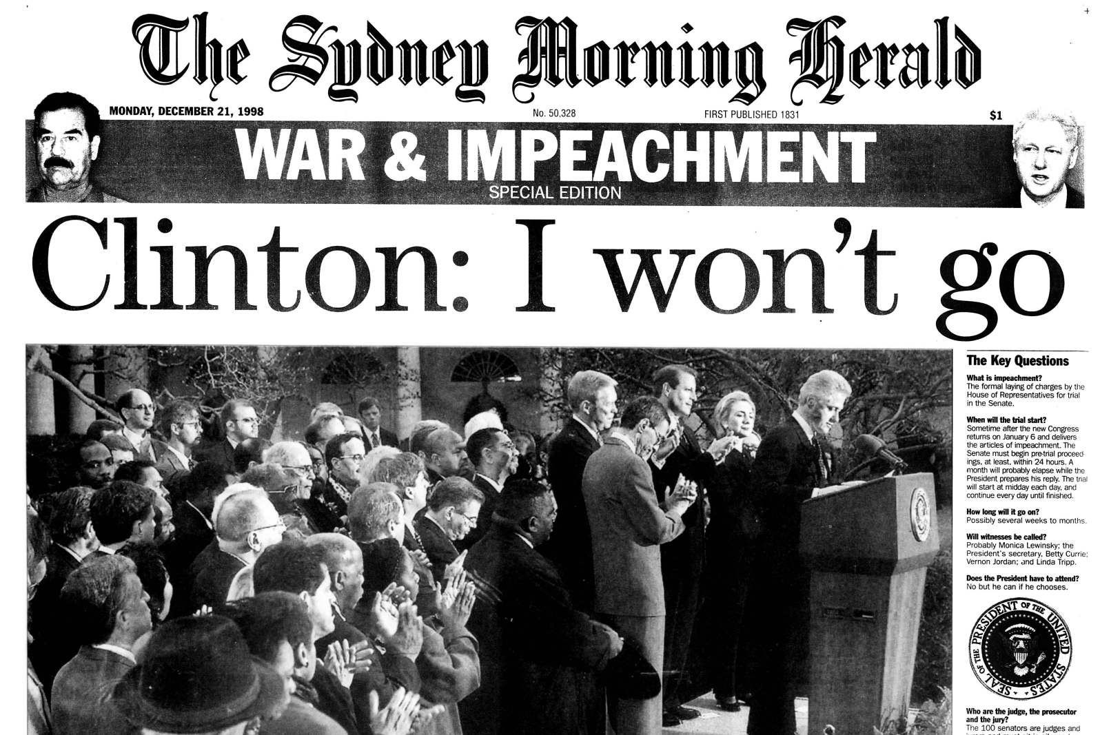 Page 1 of the Herald,  21 December 1998.  The Herald published a "War & Impeachment - Special Edition".