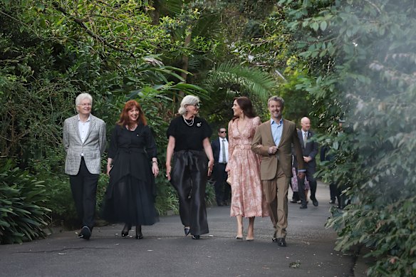 Professor Glyn Davis, Victorian Governor Margaret Gardner, Australian Governor-General Sam Mostyn, Queen Mary and King Frederik of Denmark walk through the Royal Botanic Gardens ahead of a cocktail reception.