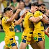 The Eels celebrate a try.
