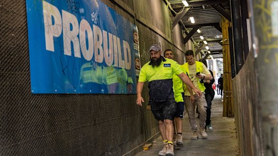 Workers gathered equipment at the UNO Melbourne site in Melbourne CBD on Thursday morning before leaving. 