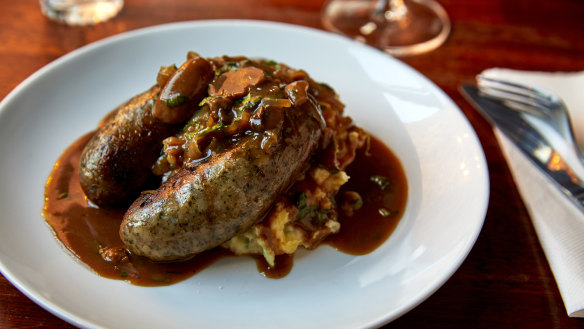 Bangers and mash (pork and fennel sausages with colcannon).