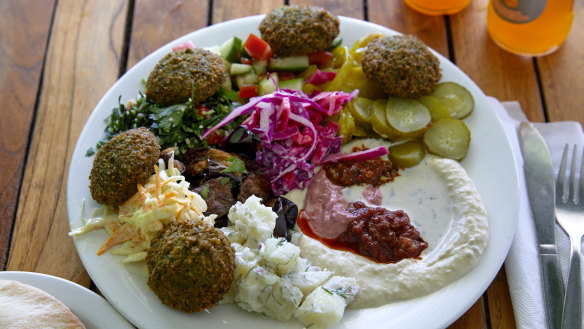 Falafel plate with hummus and salad at Savion in Bondi.