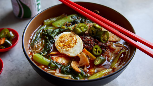 Go-to dish: Har mee noodle soup with pork, whole prawns, water spinach and hard-boiled egg.