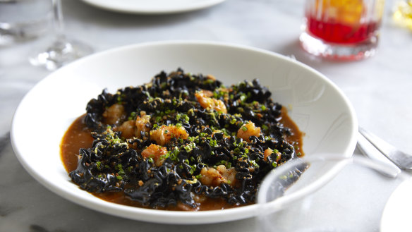 Reginette pasta with mussel butter, Yamba prawns and pangrattato.