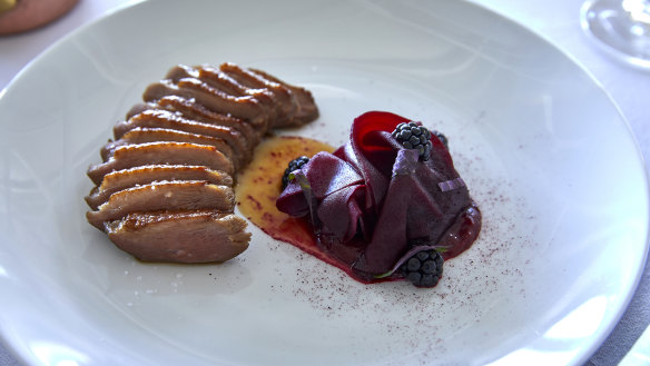 Duck breast with rhubarb, beetroot, blackberries and shiso.