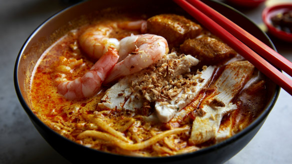 Laksa lemak with chicken and king prawn.