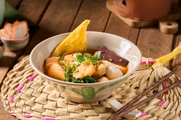 Yentafo pink noodle soup.