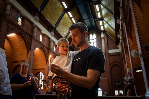 Community members hold a vigil at the Holy Trinity Cathedral in Wangaratta for Helen Haines MP who remains in hospital.