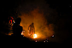 Members of the Emergency Military Unit (UME) utilize controlled burns to halt the spread of wildfires in the Madrid border region.