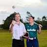 Logan Mayor Jon Raven and Australian international softballer Kayla Waller at the site of what they hope will be the baseball and softball stadium at Brisbane 2032.