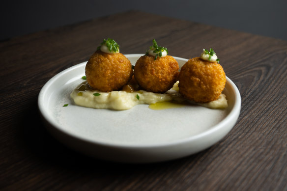 Parsnip korokke with miso butter and parsnip puree. 