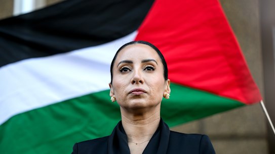 Antoinette Lattouf addresses the media after her win in the Federal Court of Australia on Wednesday.