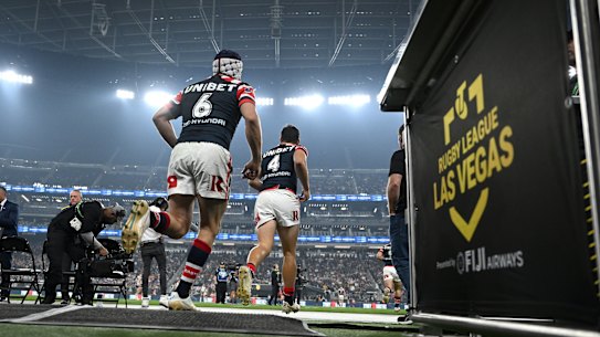 The Roosters hit the turf at Allegiant Stadium.
