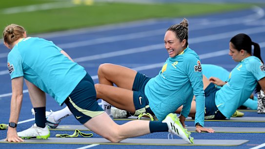 Kyah Simon, at Matildas training on Wednesday, is the team’s head DJ.