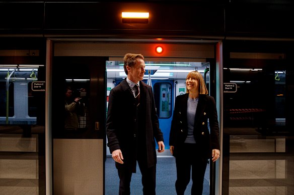 NSW Premier Chris Minns and Transport Minister Jo Haylen travel on the new city-section of the metro rail line on June 24. 