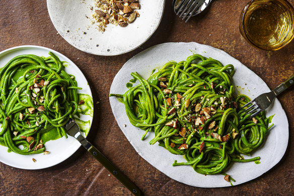 Peruvian-inspired pasta sprinkled with smoked almonds.