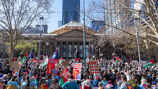 Pro-Palestine protesters gather at the State Library of Victoria on Sunday.
