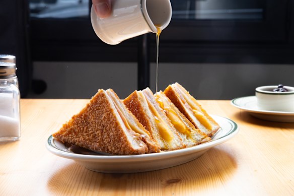 To not upset the salty-sweet balance, we recommend going lighter on the maple syrup served with Baguette Studios' monte cristo sandwich.