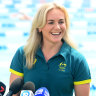 Ariarne Titmus chats to the media at Australia’s team base in Chartres on Wednesday.