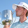 David Puig kisses the Joe Kirkwood Cup after winning the Australian PGA Championship.