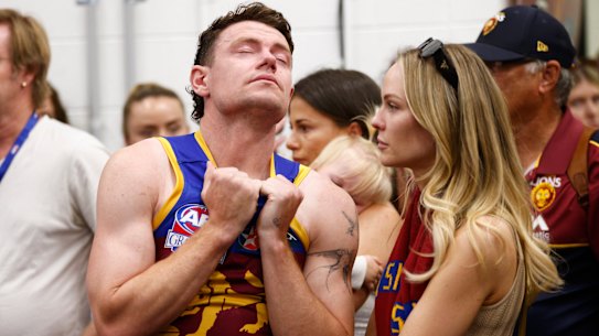 Heartbroken Lions skipper Lachie Neale in the Brisbane Lions rooms after the grand final.