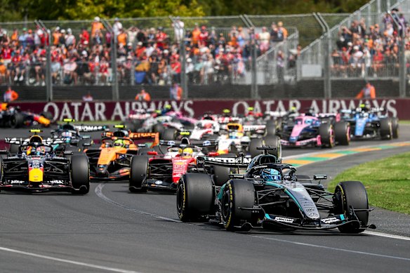 George Russell in his Mercedes leads the pack at the Australian Grand Prix at Albert Park.  