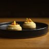 Crumpet with egg yolk, jalapeno and trout roe.