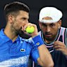 Novak Djokovic and Nick Kyrgios talk tactics during their match in Brisbane in 2024.