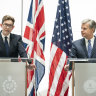 MI5 Director General Ken McCallum, left, and FBI Director Christopher Wray attend a joint press conference at MI5 headquarters, in central London, on Wednesday July 6.