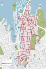 The blue line shows the latest streets in Sydney's CBD to be covered by a 40km/h speed limit. 