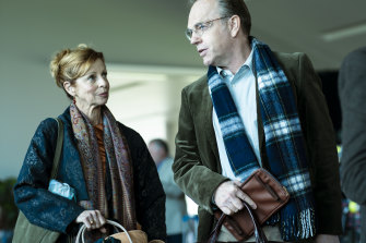 Long-time friends Heather Mitchell and Hugo Weaving play lovers Anita and Glen in the Binge series Love Me. 