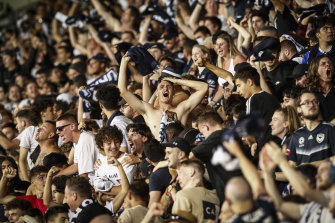 Melbourne Victory fans in full voice to celebrate a derby goal.