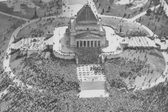 Aerial view of the crowds in front of Shrine after Japan's surrender.