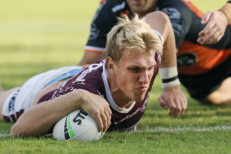 Ben Trbojevic crashes over for his first try in the NRL.