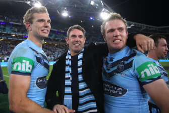 The Trbojevic brothers and Brad Fittler celebrate after a NSW Blues win.