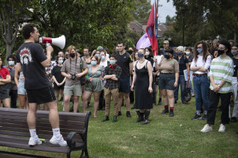 RAFFWU organiser Loukas Kakogiannis addresses the rally in Newtown to support a union push at Better Read than Dead.