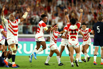 The Brave Blossoms celebrate victory over Scotland in the 2019 World Cup.