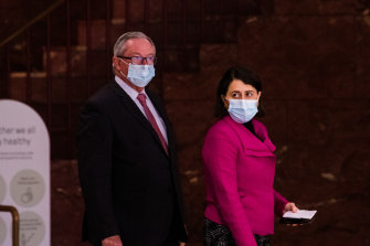 NSW Health Minister Brad Hazzard arriving with the Premier for todayâs coronavirus briefing. 