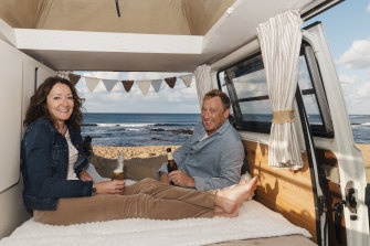 Jonathan Griffiths and his wife Louisa in their restored Kombi van, which they hire out through Camplify.