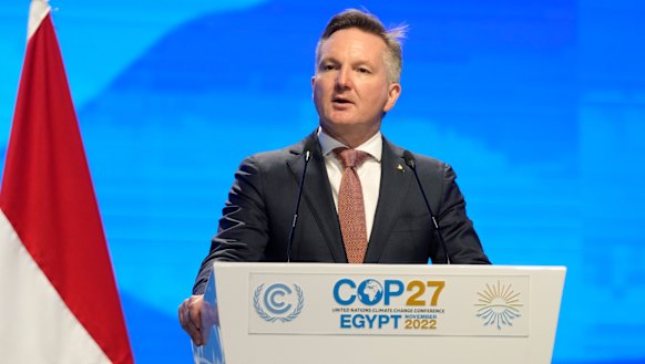 Christopher Bowen, minister of climate change and energy of Australia, speaks at the COP27 UN Climate Summit in Sharm el-Sheikh, Egypt.