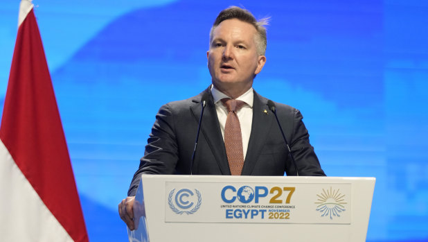 Christopher Bowen, minister of climate change and energy of Australia, speaks at the COP27 UN Climate Summit in Sharm el-Sheikh, Egypt.