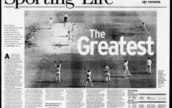 The Sydney Morning Herald of December 4, 2000, proclaims the Australian Test team "The Greatest" after its record-breaking win.