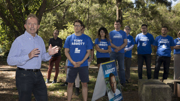 Former prime minister Tony Abbott with campaign volunteers in Manly in February.