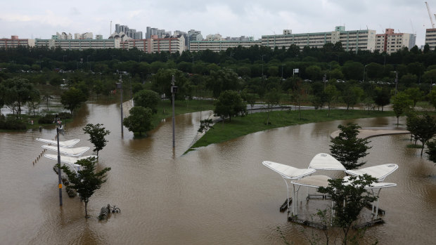 The flooded Han River Park in Seoul on Tuesday.