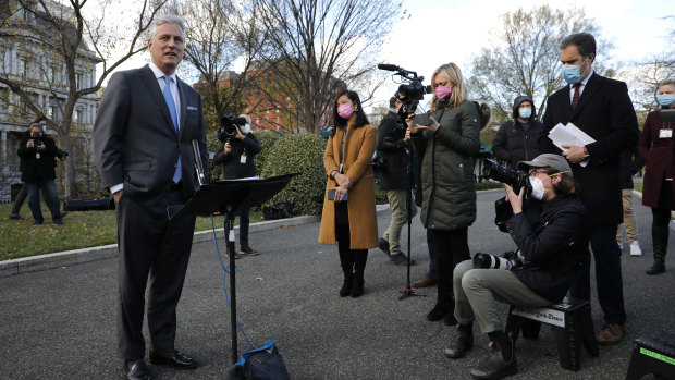 Robert O'Brien, national security adviser, makes a statement on troop levels to members of the media outside the West Wing of the White House in Washington.