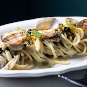  Spaghetti alla vongole with clams, bottarga and fermented garlic.