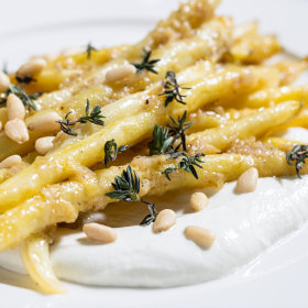 Butter beans with  goat’s cheese and pine nuts.