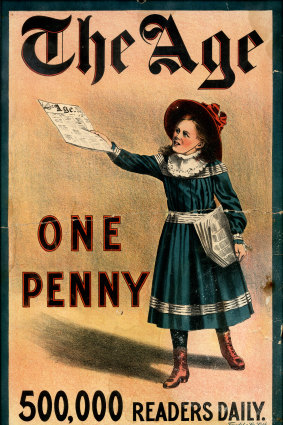 An Age colour advertising poster circa 1868-1900 showing a newspaper girl selling copies of The Age.